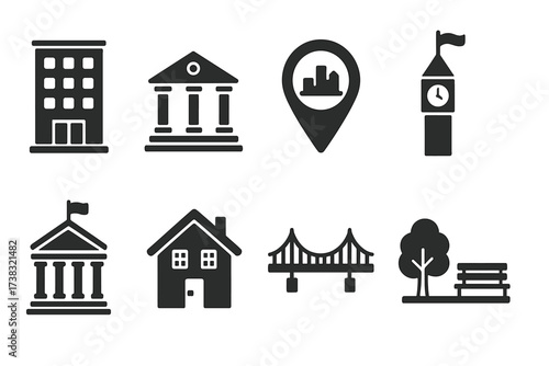 City icon set vector. Municipal buildings, real estate, and urban life glyphs. Government, courthouse, house, park, bridge, and location pin symbols for web and mobile design.