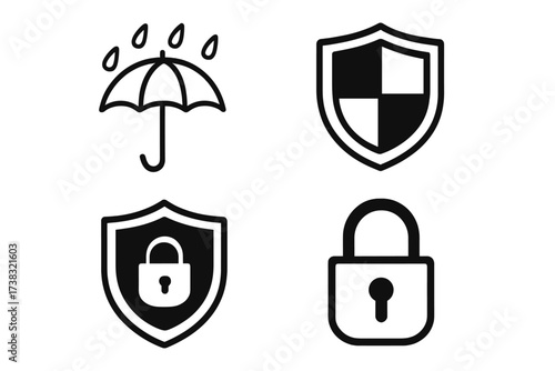 Security and protection vector icon set. Shield, padlock, and umbrella with rain symbols. Concept for data privacy, web safety, insurance, defense, and secure access.
