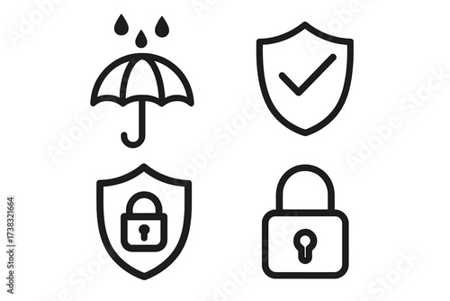 Set of protection and security line icons. Vector symbols for safety, guarantee, and insurance. Shield with check mark and lock. Waterproof umbrella icon. Secure privacy.