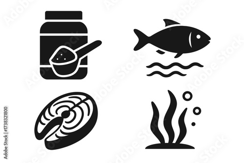 Protein sources icon set. Seafood nutrition concept. Fish, salmon steak, seaweed algae and whey powder supplement. Healthy food, diet, gym, fitness and bodybuilding glyphs.