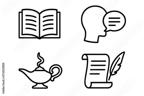 Storytelling line icon set. Reading, writing, fantasy, communication concepts. Vector illustration of open book, magic lamp, speech bubble, scroll with quill pen. Literature.