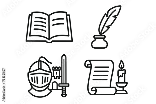 Medieval story icon set. Fantasy writing vector symbols. Knight, castle, sword, book, quill pen, ink, scroll, candle. History and literature outline icons for storytelling.