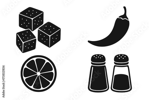 Vector icon set of basic food tastes. Sweet, sour, salty, spicy. Sugar cubes, chili pepper, lemon slice, and salt and pepper shakers. Cooking and seasoning symbols.