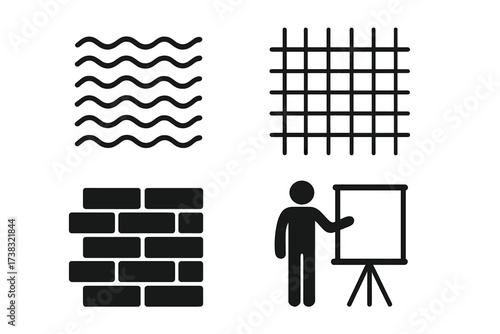 Business presentation and texture icon set. Person teaching with flip chart. Vector collection of various patterns, water wave, grid mesh, and brick wall for web and media.
