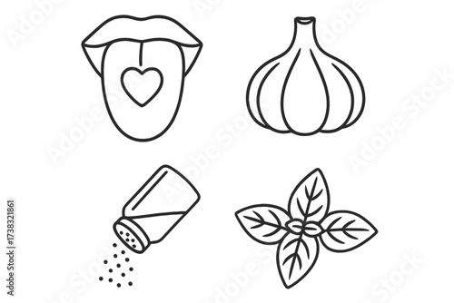 Taste and seasoning linear icons set. Food flavoring, spices, and herbs. Includes garlic bulb, basil leaves, salt shaker, and tongue with heart for favorite taste sensation.