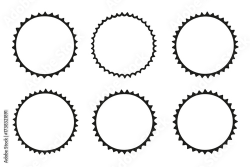 Vector set of round frames with serrated edges. Collection of starburst & sunburst shapes. Circle gear, cogwheel silhouette for labels, stickers, badges. Seal design element.