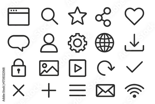 Web and mobile app UI line icon set. Universal pictogram collection for website design. Includes search, user, settings, download, share, favorite, mail, and home symbols.