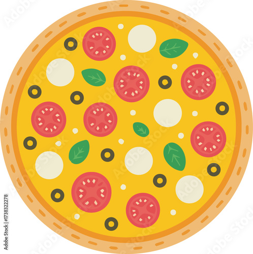 Vector art of overhead view of a delicious pizza with pepperoni, olives, and basil leaves