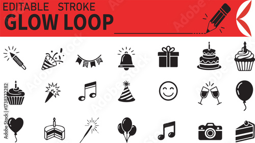 Editable Stroke Glow Loop Festive Icons – Celebration, Party, Birthday, Event Line Art Set