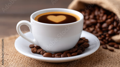 Heart shaped swirl in coffee creates warm feeling in cup surrounded by roasted bean on burlap fabric