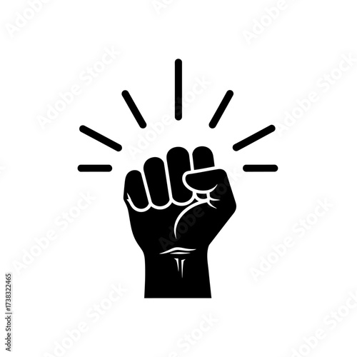 Raised fist with radiating lines, symbolizing power and strength.