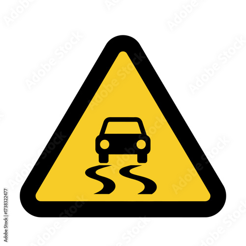 Slippery road ahead warning sign with a car skidding on a yellow triangle.