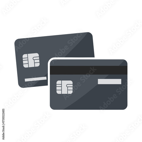 Two dark gray credit cards with chips, one in front of the other.