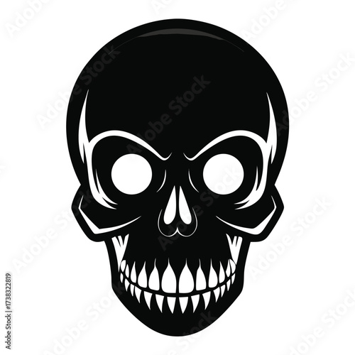 Stylized black skull with sharp teeth and empty eye sockets