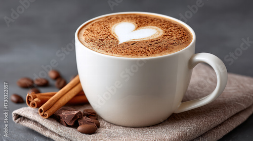 Latte with heart swirl art in mug creates warm inviting scene with coffee beans and cinnamon on napkin
