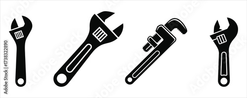 Set of Adjustable Wrenches Black and White Vector Illustration Graphics