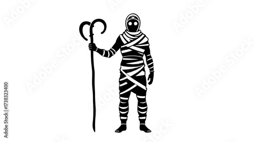 A black and white illustration of a mummy figure holding a staff.
