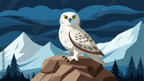A snowy owl perched upon a rocky outcrop keeping watch over its domain.