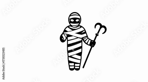 Illustration of a mummy wrapped in bandages, holding a shepherd's crook, depicted in black and white.