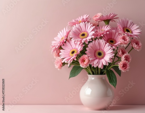 Wallpaper Mural Pink gerbera daisies and small roses bloom in a white vase. Soft pastel floral arrangement with green leaves. Beautiful delicate petals form a gentle bouquet. Torontodigital.ca