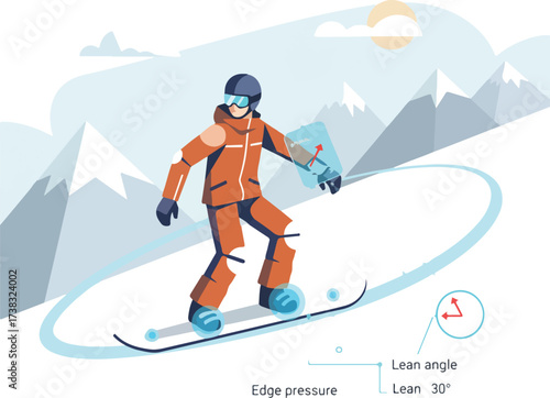 AI Snowboarding Technique and Edge Control Feedback Vector Illustration. Wide Landscape Boarder Using Smart Gear