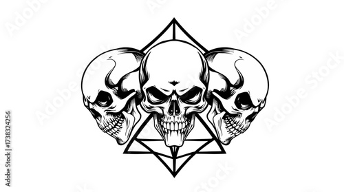 Three detailed skulls arranged in a symmetrical design, enclosed within a geometric triangle.
