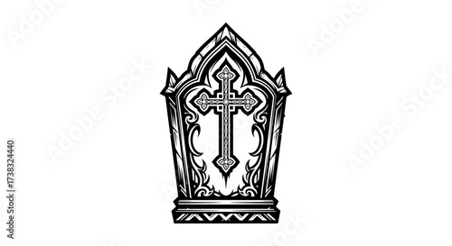 Intricate black and white illustration of a gothic-style cross on a pedestal.