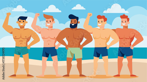A lineup of men on the beach proudly displaying their different body types from chiseled abs to soft bellies with arms raised and grins on their faces.. Vector illustration