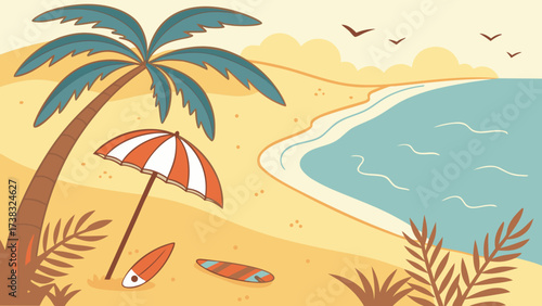 Cartoon beach scene with palm tree umbrella surfboards and birds in the sky on a sunny day vector art
