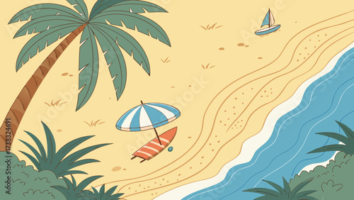 Illustration of a beach scene with palm tree, surfboard, umbrella, and sailboat on the water
