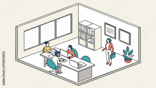 Isometric view of an office space with people working at desks and a woman standing near a plant