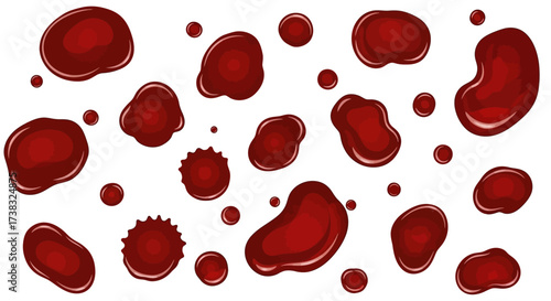 Illustration of various blood drops and splatters on a white background.
