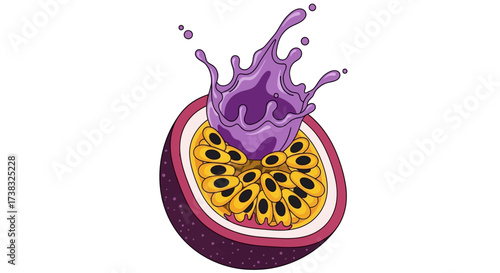 Illustration of a halved passion fruit with a splash of purple juice.