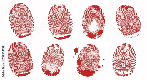 Eight red fingerprint impressions arranged in two rows on a white background.
