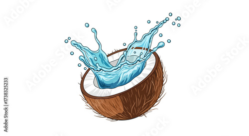 A halved coconut with a splash of water erupting from its center, creating a dynamic and refreshing visual.