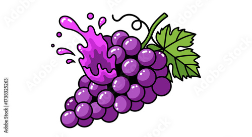 A vibrant bunch of ripe purple grapes with a splash of juice bursting from the top, accompanied by a green leaf and stem.