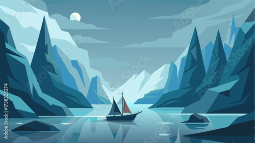 A solitary vessel drifts through the mistshrouded fjord its hull bobbing a the jagged icebergs and rugged cliffs.