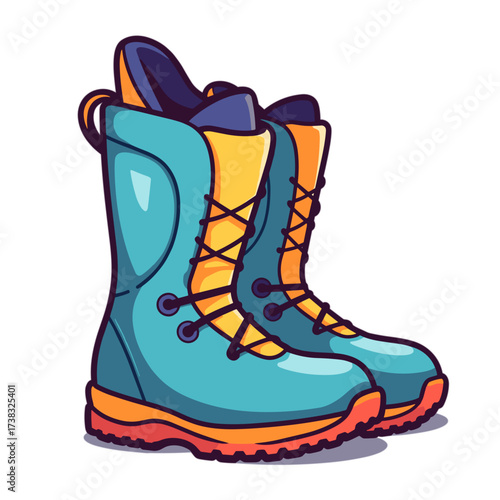 Colorful hiking boots with blue and yellow design on white background  