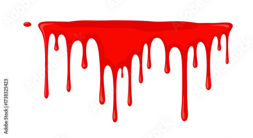 A vibrant red liquid drips downwards, creating a visually striking pattern against white.