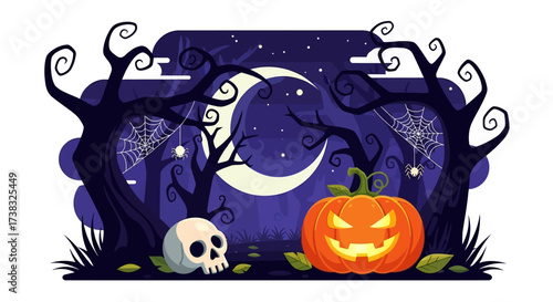 Spooky Halloween scene featuring a lit jack-o'-lantern, skull, bare trees with cobwebs, and a crescent moon against a dark blue starry sky.