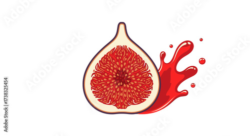 Sliced fig illustration with red juice splash on a white background.