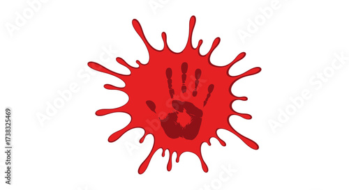 Red handprint inside a splash of red paint, isolated on white background.