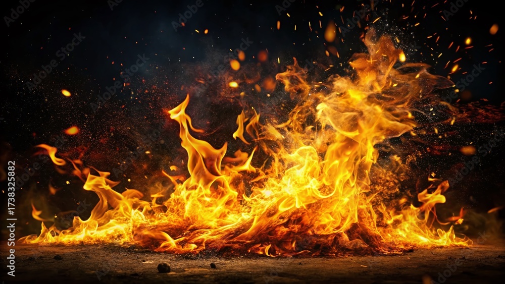 Fototapeta premium Fiery Flames and Sparks: Dramatic Dark Background Stock Photo