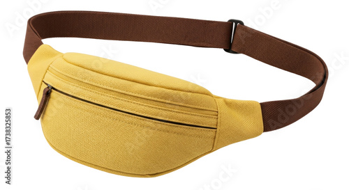Isolated yellow fanny pack against neutral backdrop featuring brown adjustable strap belt