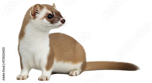 Fotografía Isolated Least Weasel, ermine with brown fur and white chest, standing still and