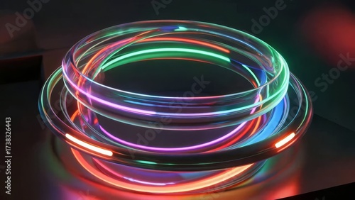 A hyper-realistic 3D render of glowing neon rings stacked like a spiral sculpture, reflections dancing on a dark surface, vibrant colors blending seamlessly.