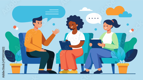 A therapy session where individuals explore their feelings towards their bodies and receive positive encouragement and support from a trained professional.. Vector illustration