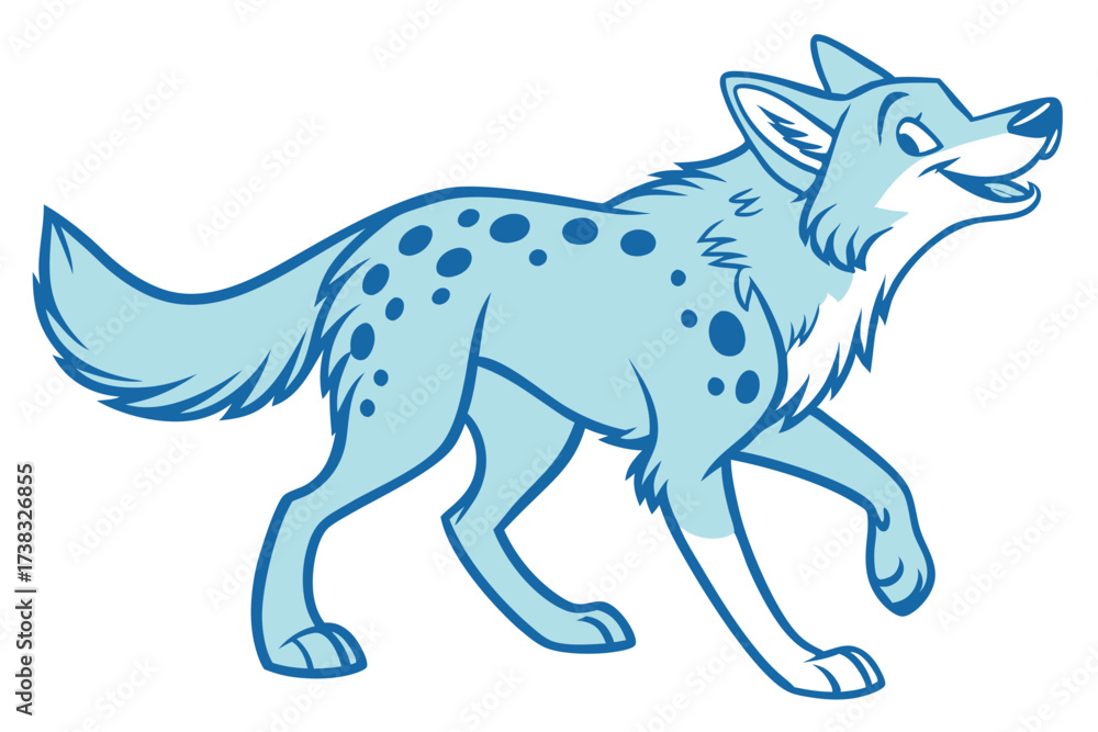 Fototapeta premium Walking Cartoon Wolf with Blue Spots on a White Background
