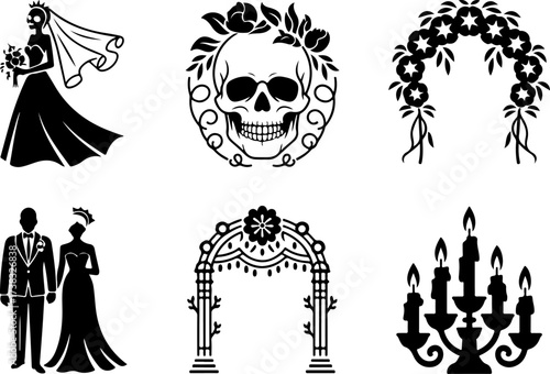 6 silhouette bundle of Skeleton bride, Skull frame, Flower arch, Candle set, Parade couple, Festival arch