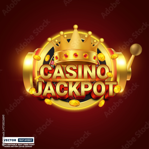 Casino jackpot 3d editable gold vector text effect. Editable vegas casino jackpot typography for flyer and promotion design with poker, slot machine, roulette wheel. 
